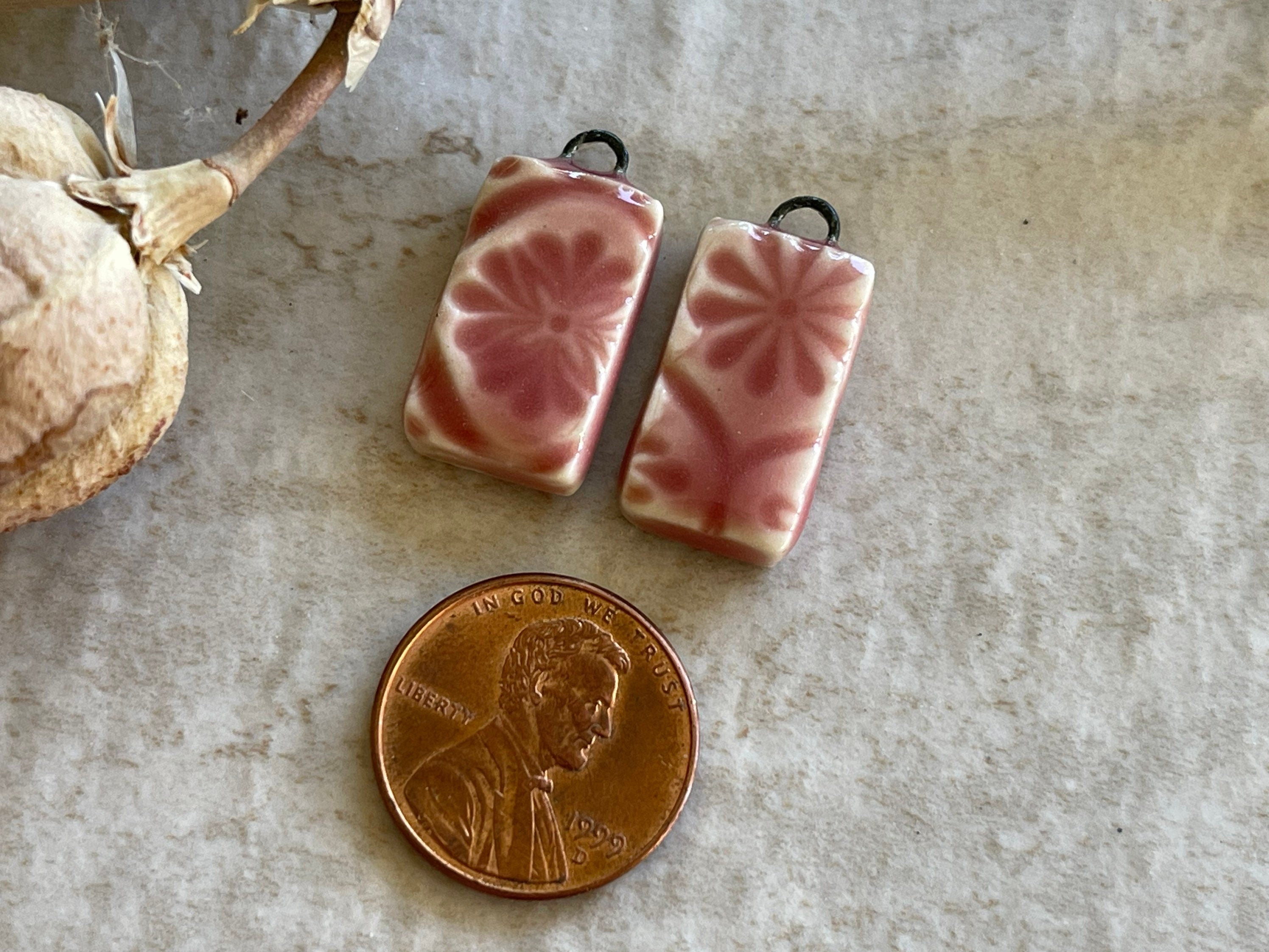 Pink rectangle, Earring Bead Pair, Porcelain Charms, Ceramic Charms, Jewelry Making Components, Beading Handmade, DIY Earrings, DIY Beads