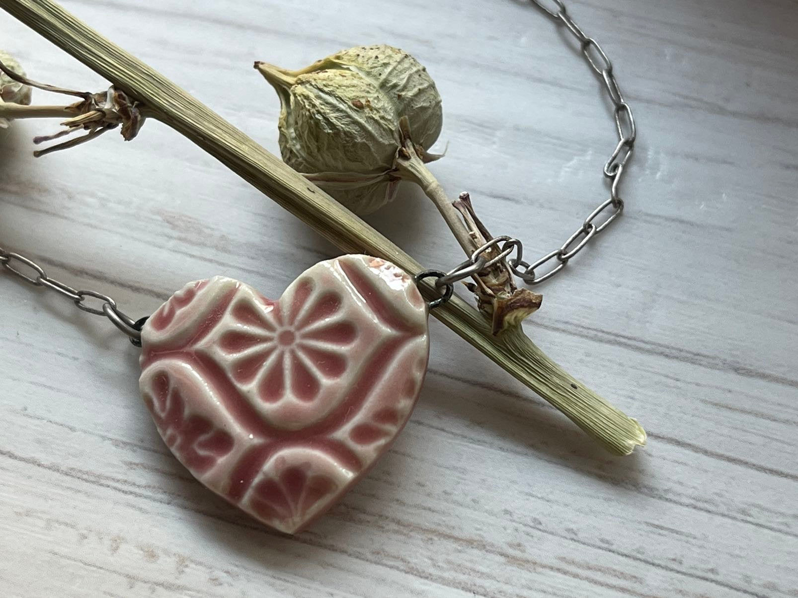 Pink Heart Necklace, Paperclip Chain, Heart Pendant, Porcelain Ceramic Pendant, Heart Necklace, Dainty Layering Necklace