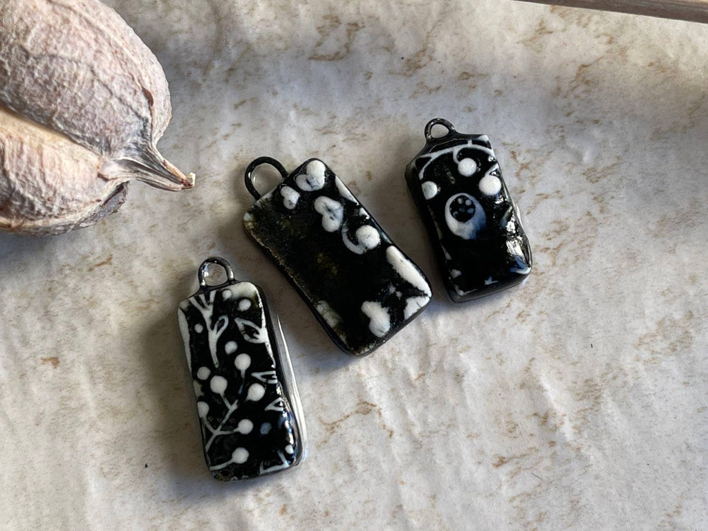 Mysterious Black Charms, Porcelain Ceramic Charms, Jewelry Making Components, Beading Handmade, Black and White Charms