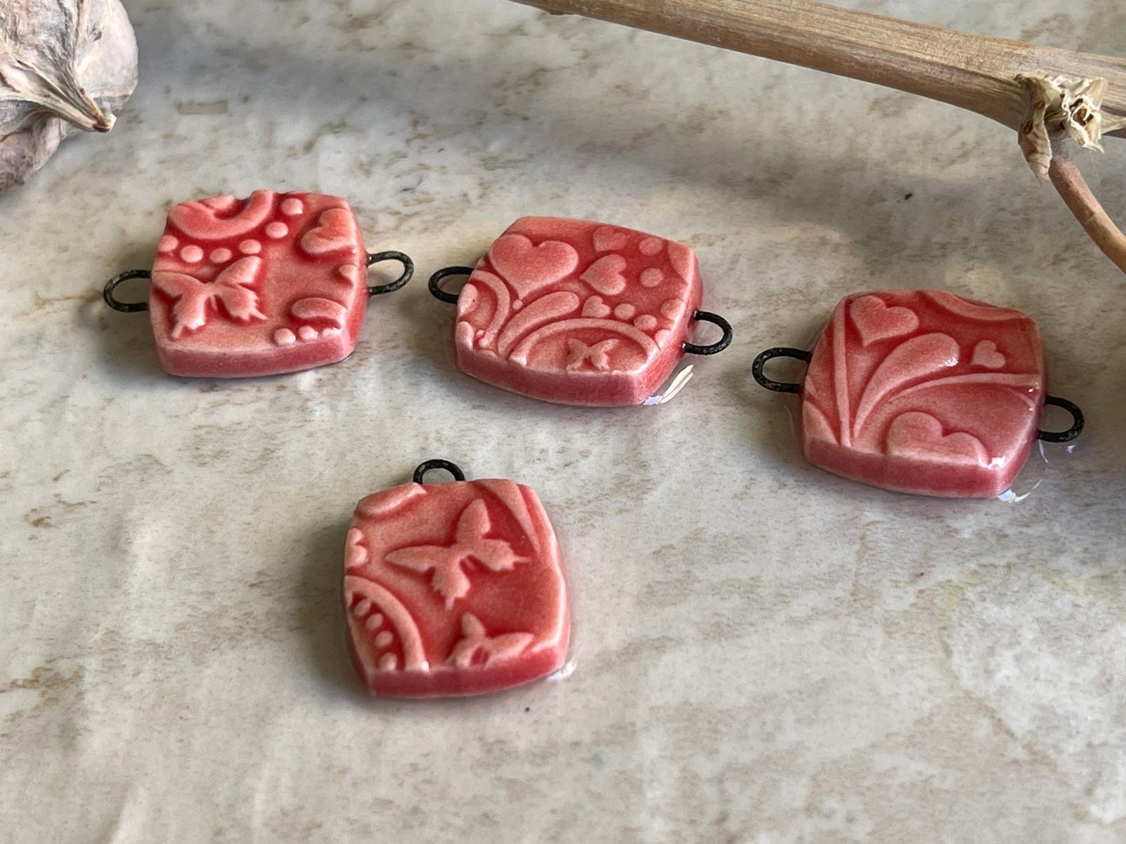 Red Bead Set, Porcelain Beads, Hearts and Butterflies Bead Set, Ceramic Charms, Jewelry Making Components, DIY Bracelet