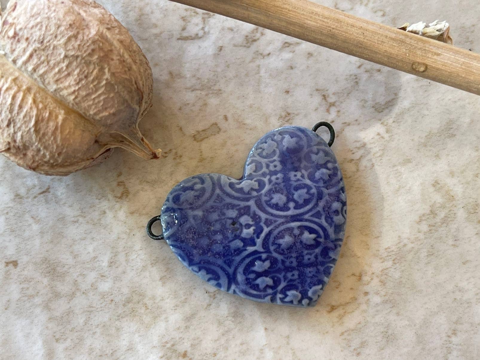 Blue Heart Pendant, Romantic Pattern, Double Wire Heart Pendant, Porcelain Ceramic Pendant, Artisan Pendant, Jewelry Making Components