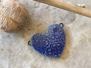 Blue Heart Pendant, Romantic Pattern, Double Wire Heart Pendant, Porcelain Ceramic Pendant, Artisan Pendant, Jewelry Making Components