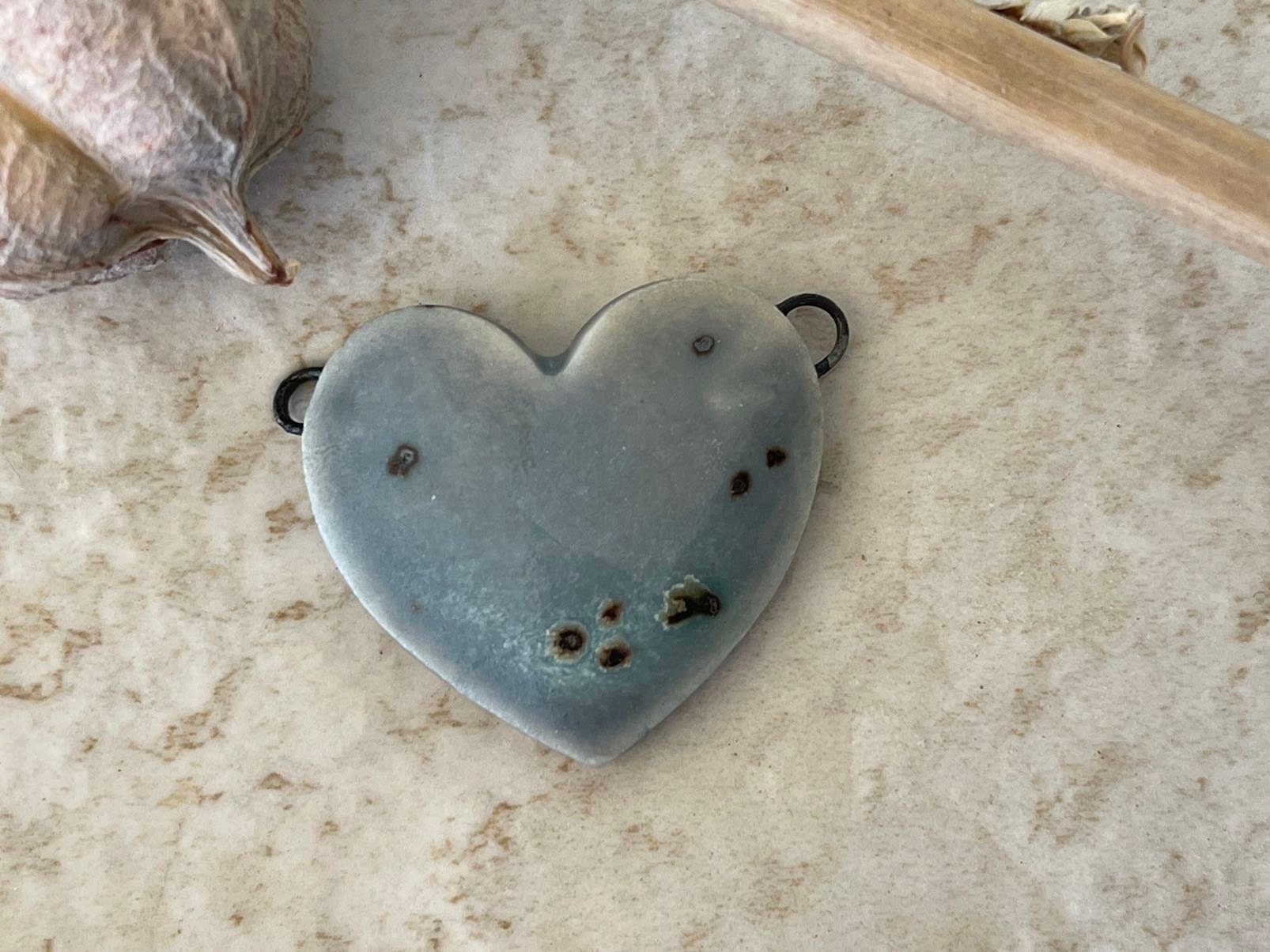 Blue Grey Heart with Dark Flecks, Double Wire Heart Pendant, Porcelain Ceramic Pendant, Artisan Pendant, Jewelry Making Components