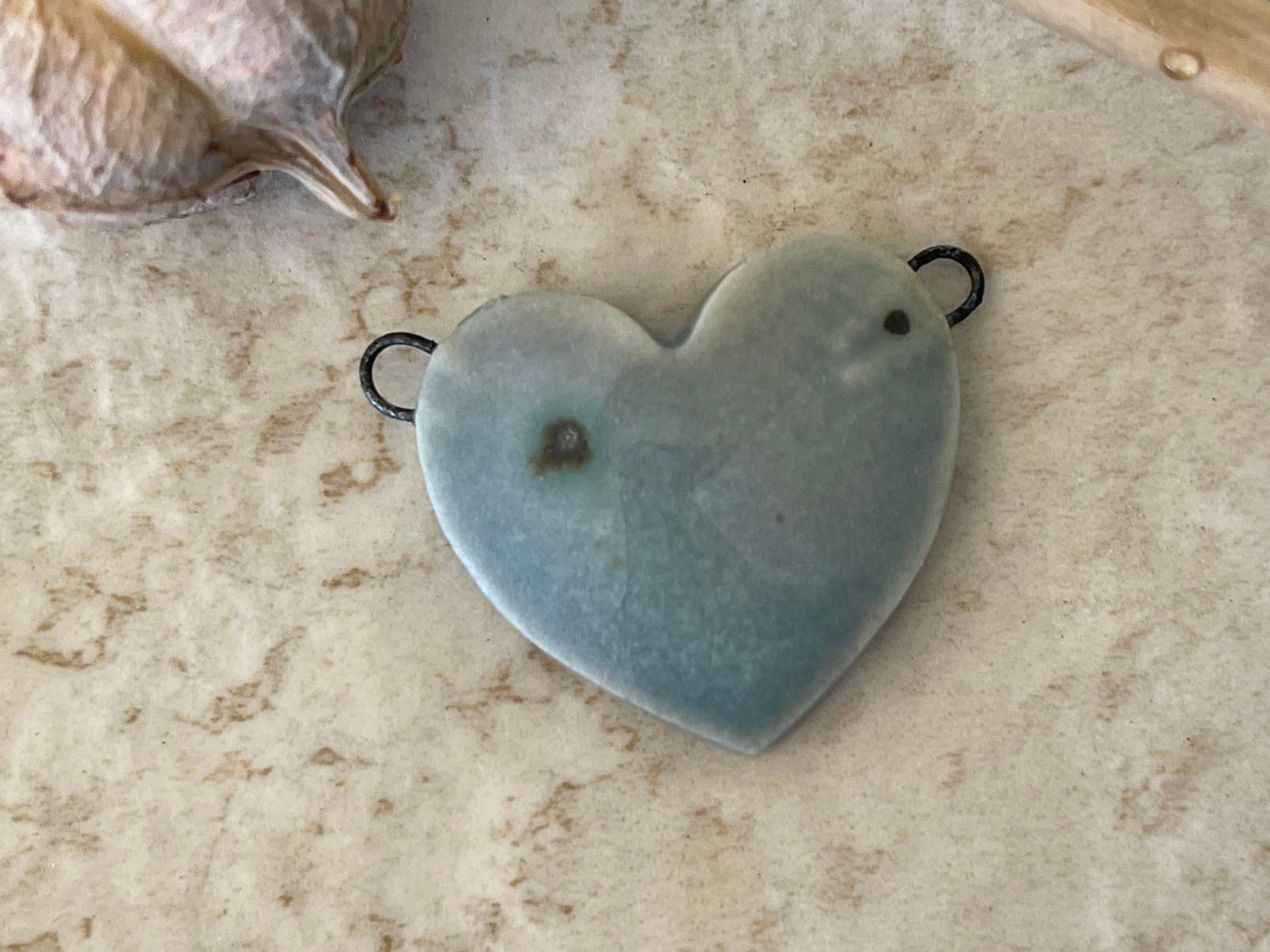 Blue Grey Heart with Dark Flecks, Double Wire Heart Pendant, Porcelain Ceramic Pendant, Artisan Pendant, Jewelry Making Components