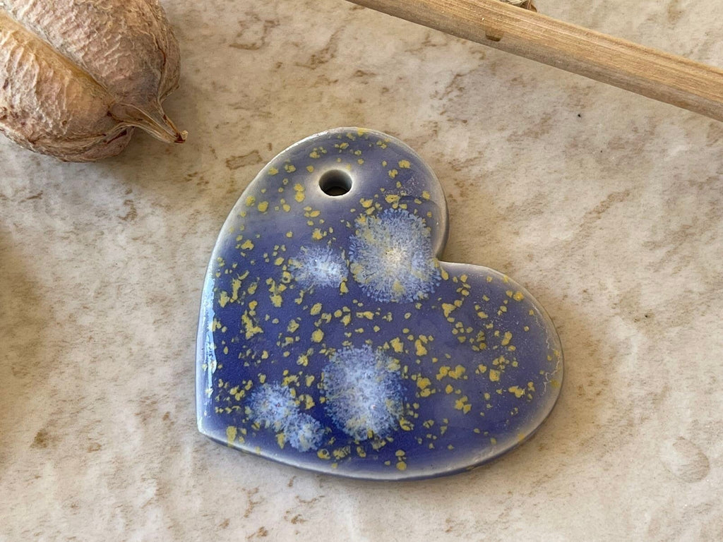 Large Blue and Gold Heart Pendant, Porcelain Ceramic Pendant, Artisan Pendant, Jewelry Making Components
