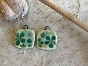 Turquoise Flower Pattern, Turquoise Earring Bead Pair, Porcelain Ceramic Charms, Jewelry Making Components, Beading Handmade