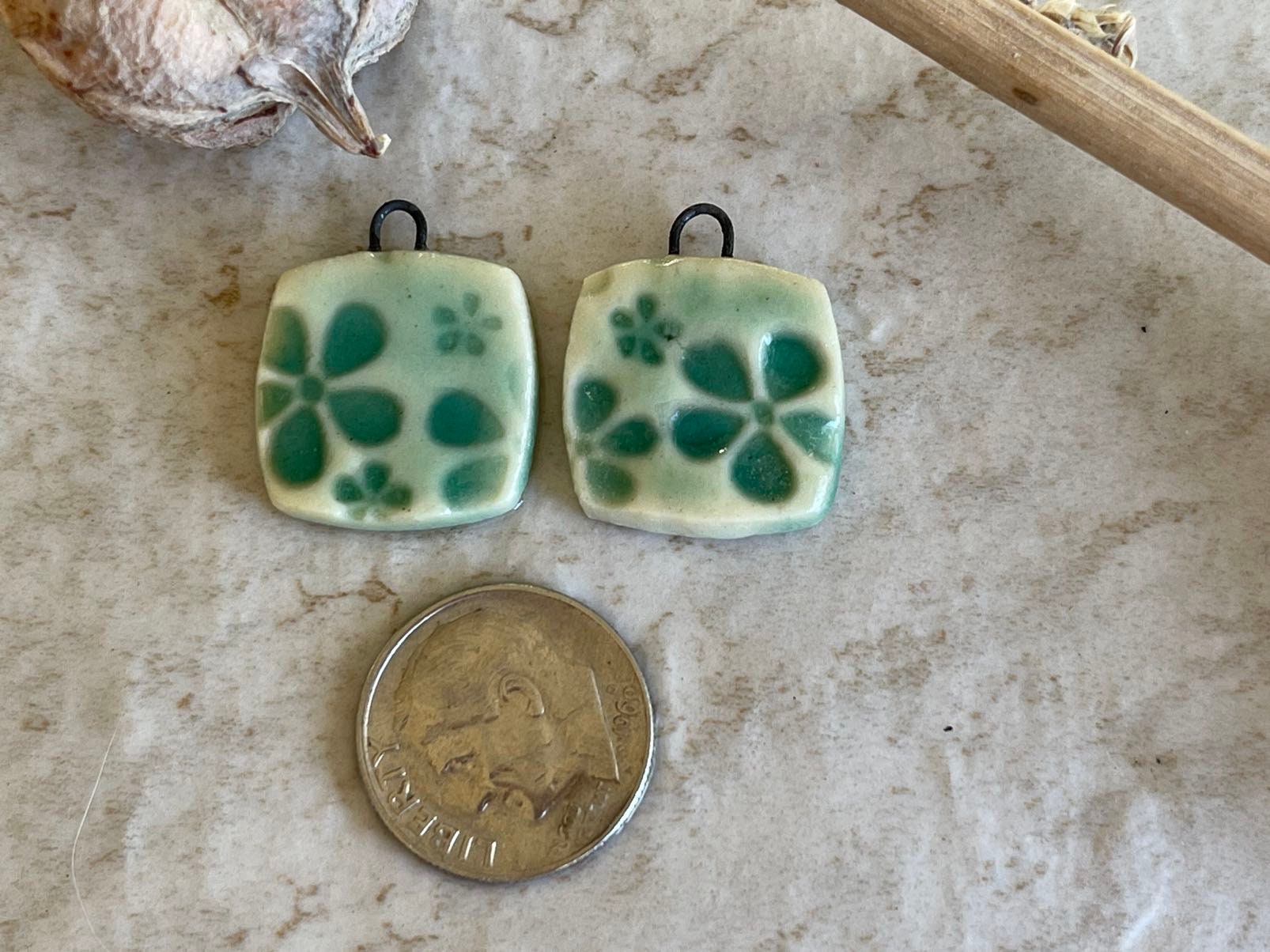 Turquoise Flower Pattern, Turquoise Earring Bead Pair, Porcelain Ceramic Charms, Jewelry Making Components, Beading Handmade