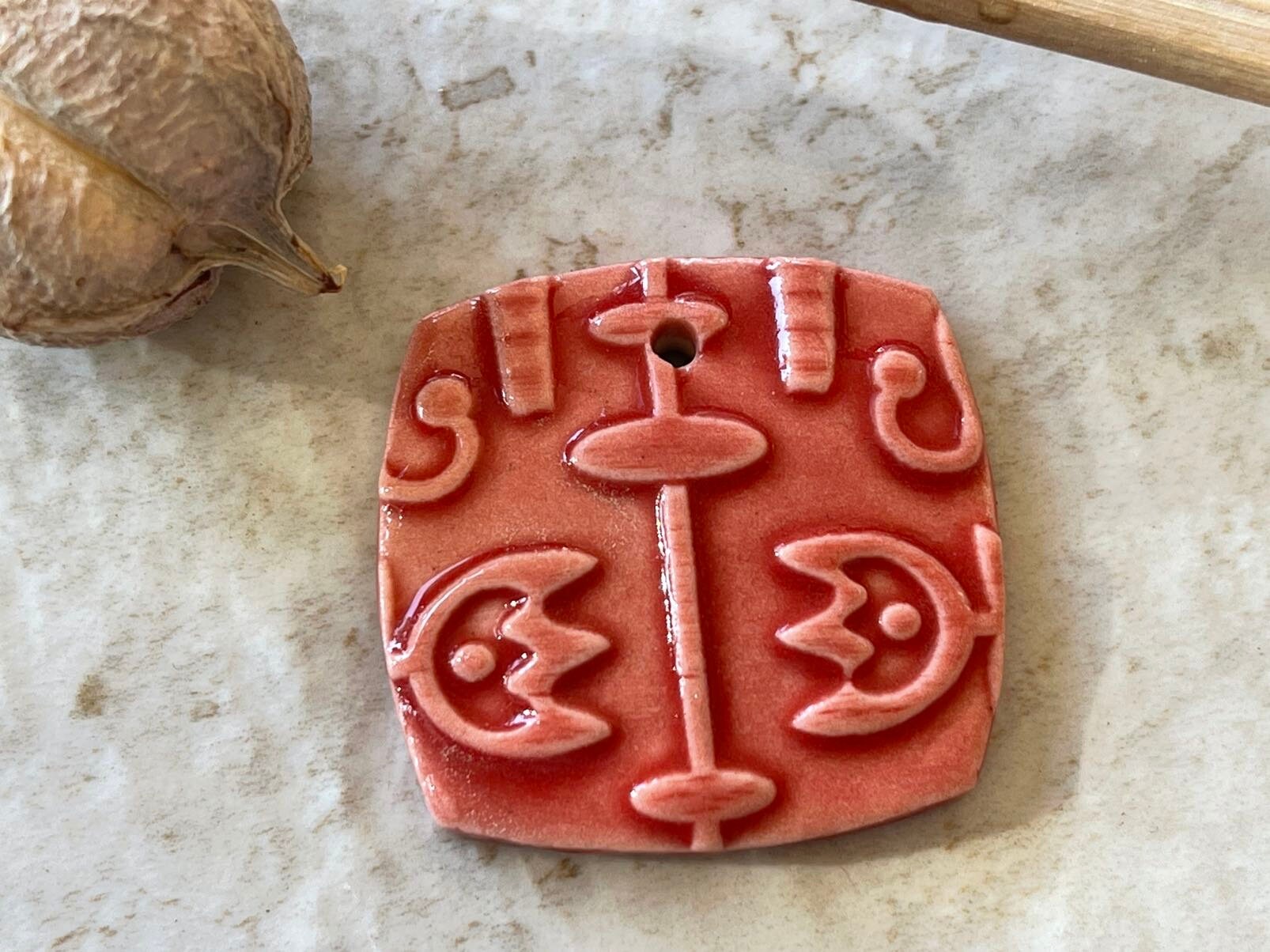 Abstract Pendant, Red Pendant, Folk Art, Porcelain Ceramic Pendant, Jewelry Making Components