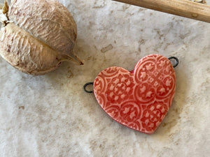 Red Heart, Patterned Heart, Double Wire Heart Pendant, Porcelain Ceramic Pendant, Artisan Pendant, Jewelry Making Components
