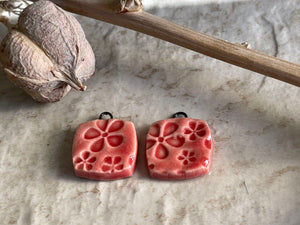 Flowers Rounded Square, Red Earring Bead Pair, Porcelain Ceramic Charms, Jewelry Making Components, Beading Handmade