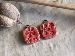 Flowers Rounded Square, Red Earring Bead Pair, Porcelain Ceramic Charms, Jewelry Making Components, Beading Handmade