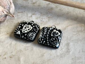 Black and White Flowers, Black Earring Bead Pair, Porcelain Ceramic Charms, Jewelry Making Components, Beading Handmade