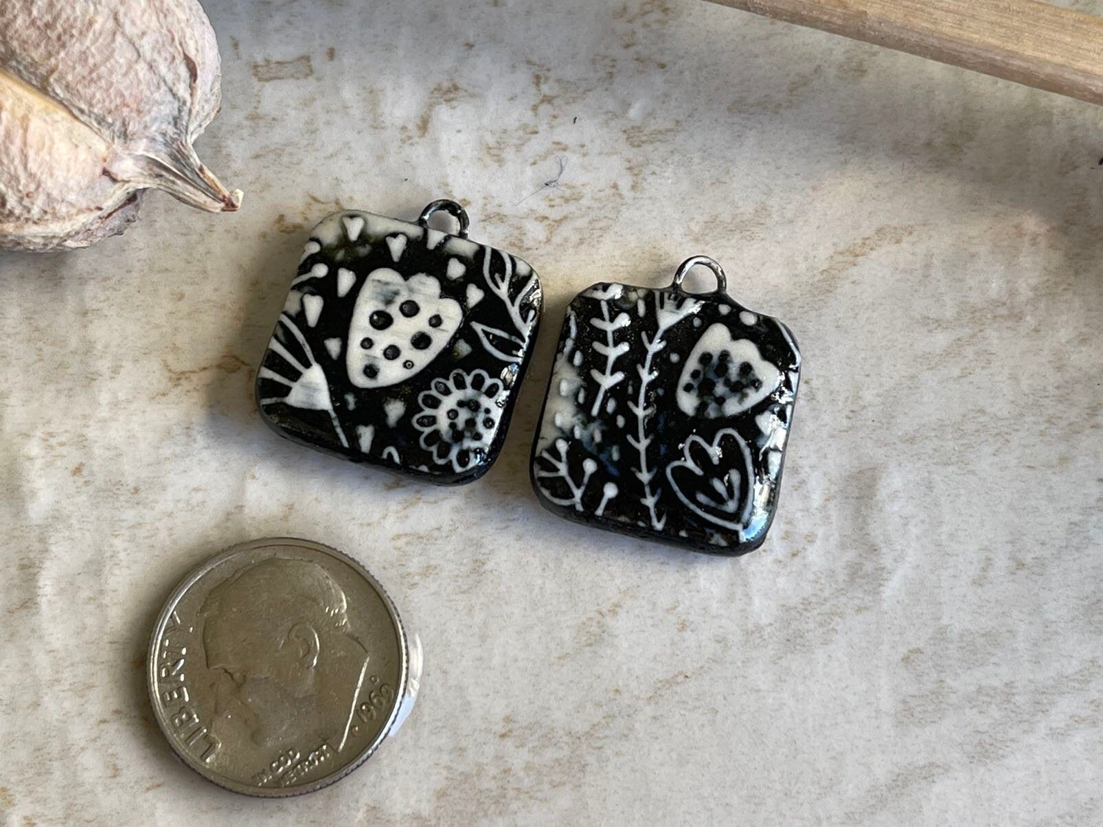 Black and White Flowers, Black Earring Bead Pair, Porcelain Ceramic Charms, Jewelry Making Components, Beading Handmade