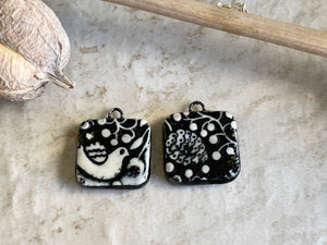 Black and White Bird and Pinecone, Black Earring Bead Pair, Porcelain Ceramic Charms, Jewelry Making Components, Beading Handmade