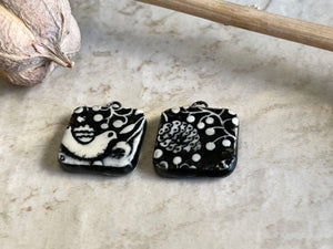 Black and White Bird and Pinecone, Black Earring Bead Pair, Porcelain Ceramic Charms, Jewelry Making Components, Beading Handmade