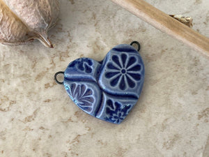 Blue Heart Pendant, Talavera Tile Pattern, Double Wire Heart Pendant, Porcelain Ceramic Pendant, Artisan Pendant, Jewelry Making Components