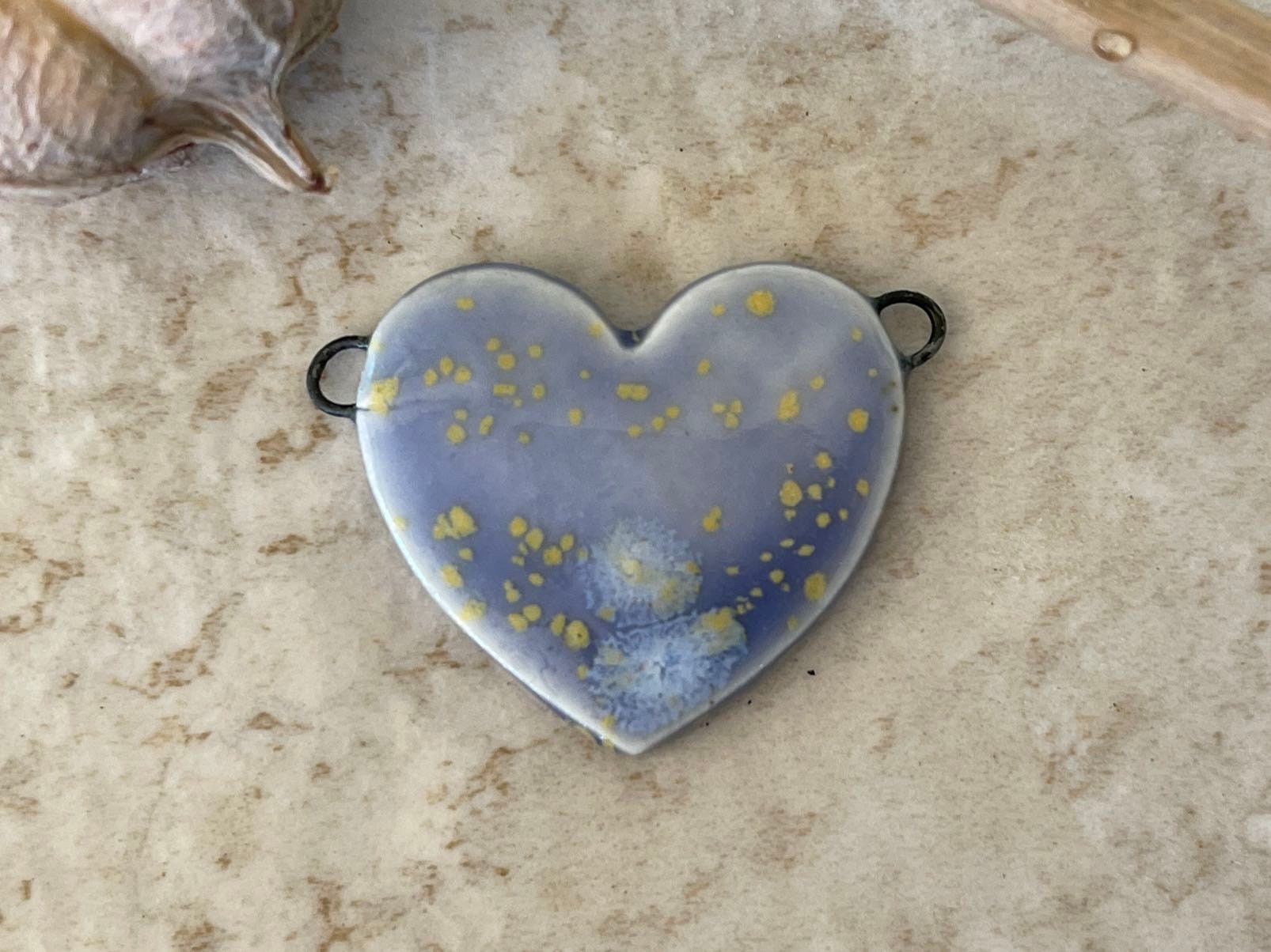 Blue Heart Pendant with Gold Flecks, Double Wire Heart Pendant, Porcelain Ceramic Pendant, Artisan Pendant, Jewelry Making Components