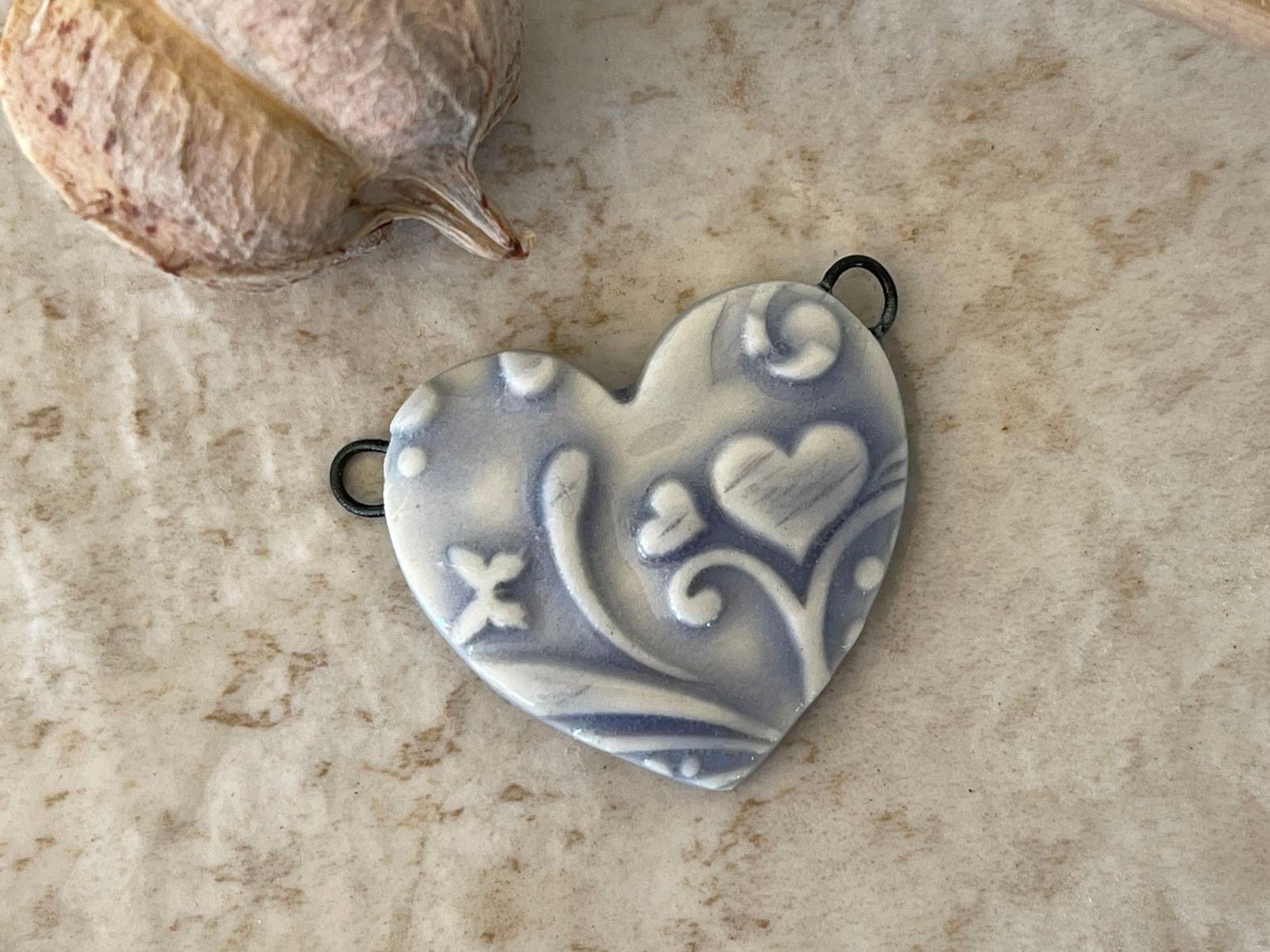 Light Blue Heart, Hearts and Butterflies, Double Wire Heart Pendant, Porcelain Ceramic Pendant, Artisan Pendant, Jewelry Making Components