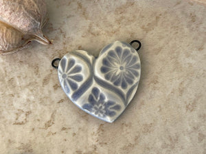 Light Blue Heart, Italian Tile Pattern, Double Wire Heart Pendant, Porcelain Ceramic Pendant, Artisan Pendant, Jewelry Making Components
