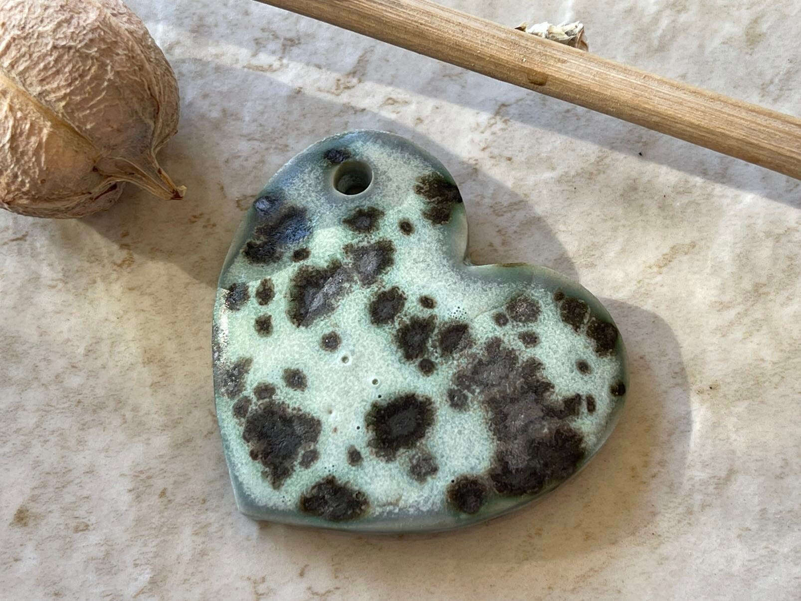 Blue Grey Heart Pendant with Flecks, Porcelain Ceramic Pendant, Artisan Pendant, Jewelry Making Components