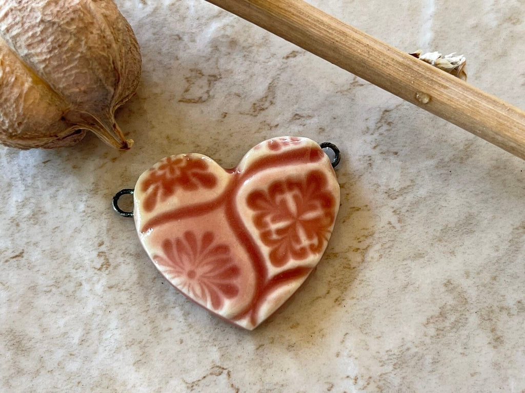 Pink Heart, Patterned Heart, Double Wire Heart Pendant, Porcelain Ceramic Pendant, Artisan Pendant, Jewelry Making Components