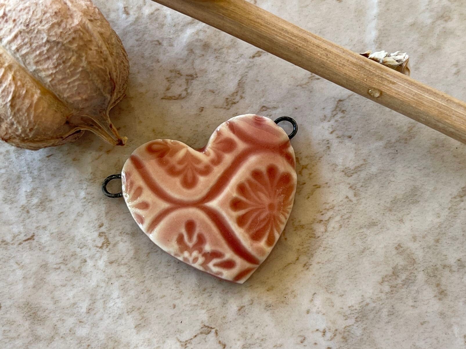 Pink Heart, Patterned Heart, Double Wire Heart Pendant, Porcelain Ceramic Pendant, Artisan Pendant, Jewelry Making Components