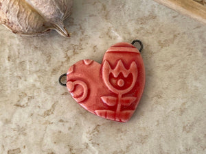 Red Heart, Tulip Heart, Double Wire Heart Pendant, Porcelain Ceramic Pendant, Artisan Pendant, Jewelry Making Components