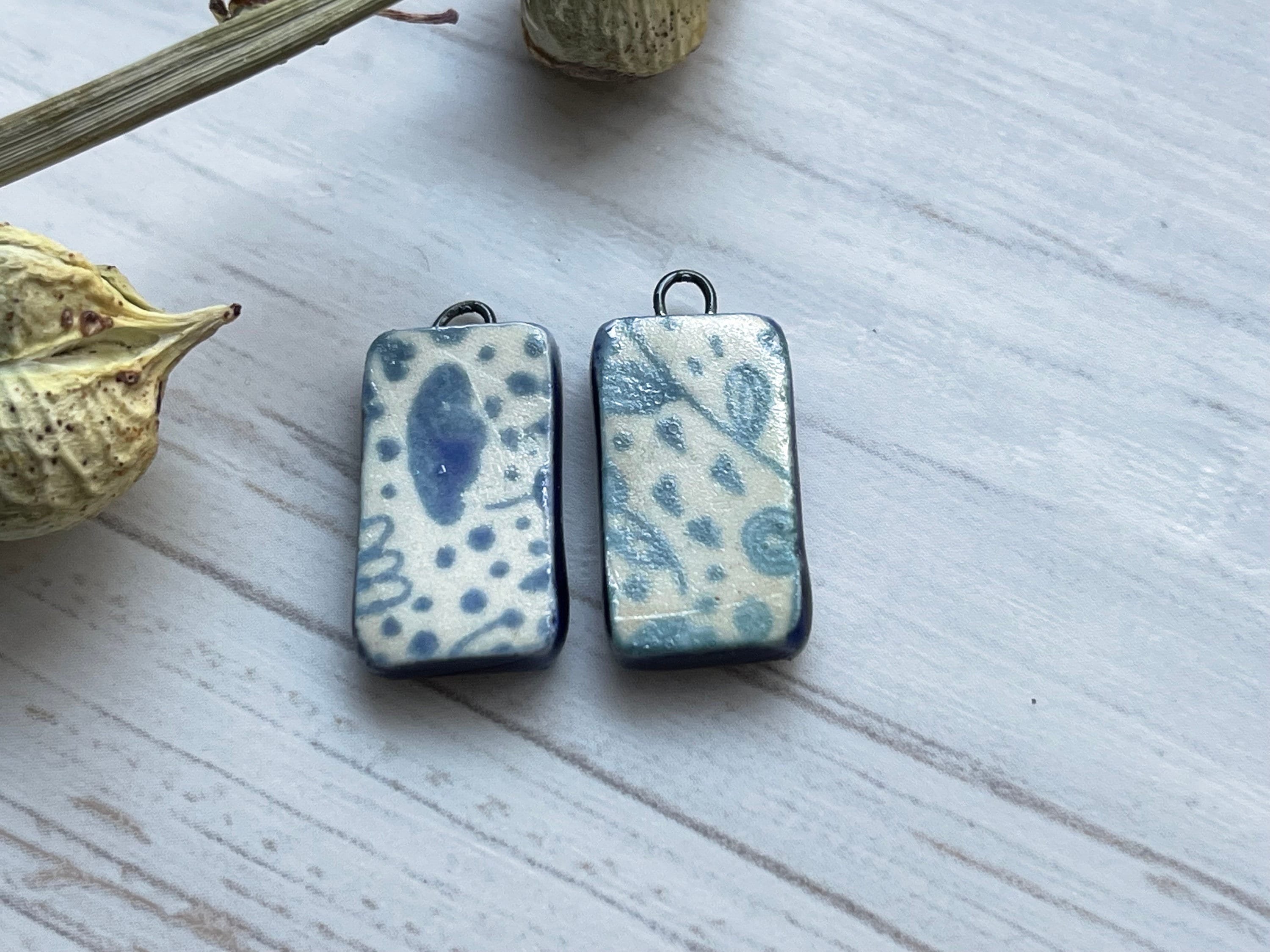 Blue Earring Bead Pair, Blue Flower Drawing, Porcelain Ceramic Charms, Jewelry Making Components, Rectangle Earring Beads