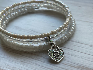 Irridescent and White Wrap Bracelet, Heart Locket Bracelet, Bracelet Stack, Stacked Bangles, Memory Wire Bracelet, Valentine’s Day Gift