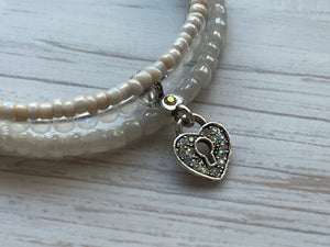 Irridescent and White Wrap Bracelet, Heart Locket Bracelet, Bracelet Stack, Stacked Bangles, Memory Wire Bracelet, Valentine’s Day Gift