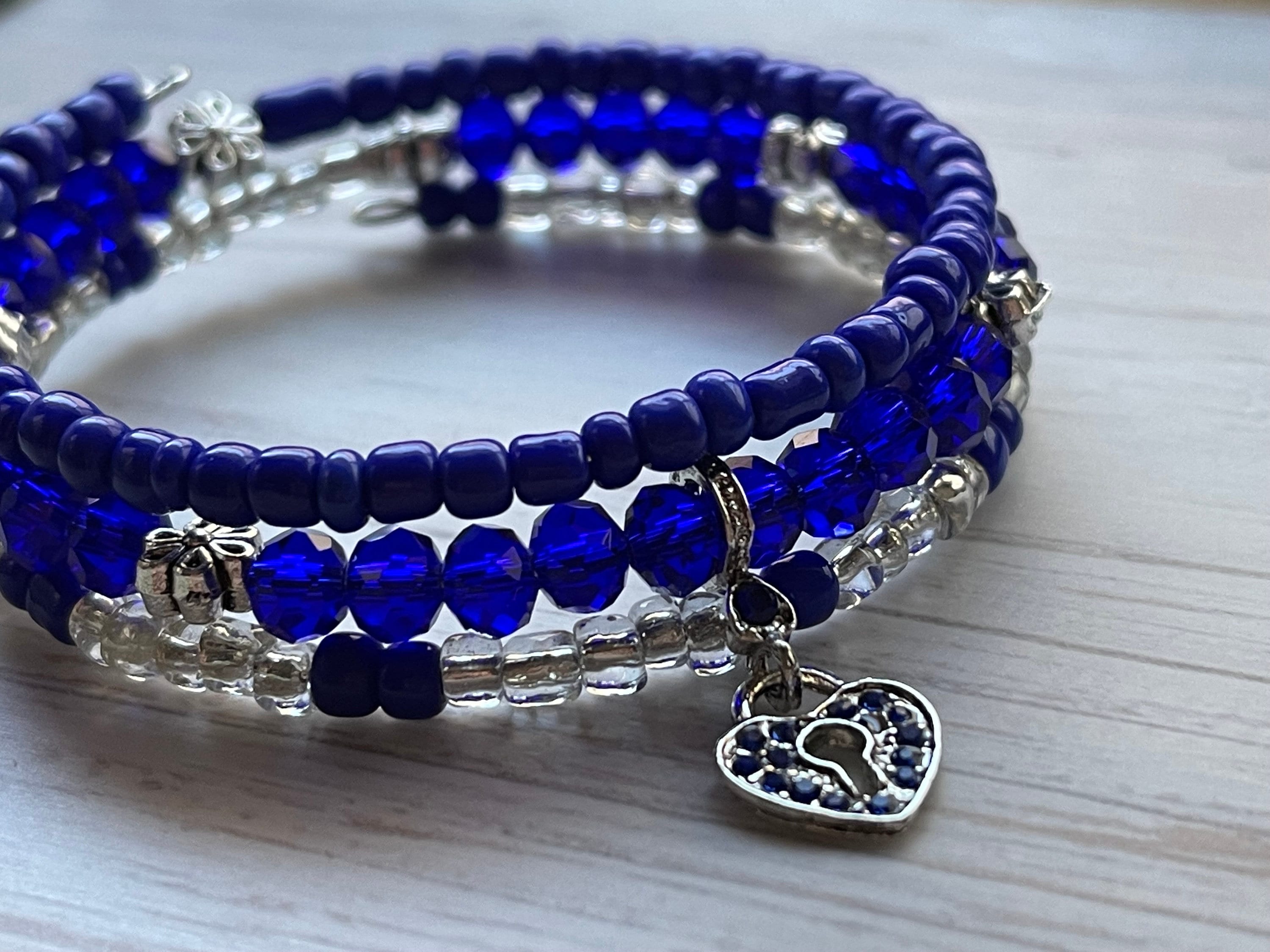 Royal Blue Heart Locket, Heart Locket Wrap Bracelet, Memory Wire Bracelet, Blue Beaded Bracelet, Valentine’s Day Gift