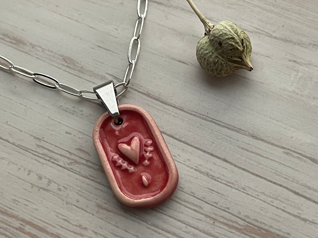 Red Heart Pendant, Dainty Layering Necklace, Valentines Pendant, Porcelain Ceramic Pendant, Jewelry Making Components