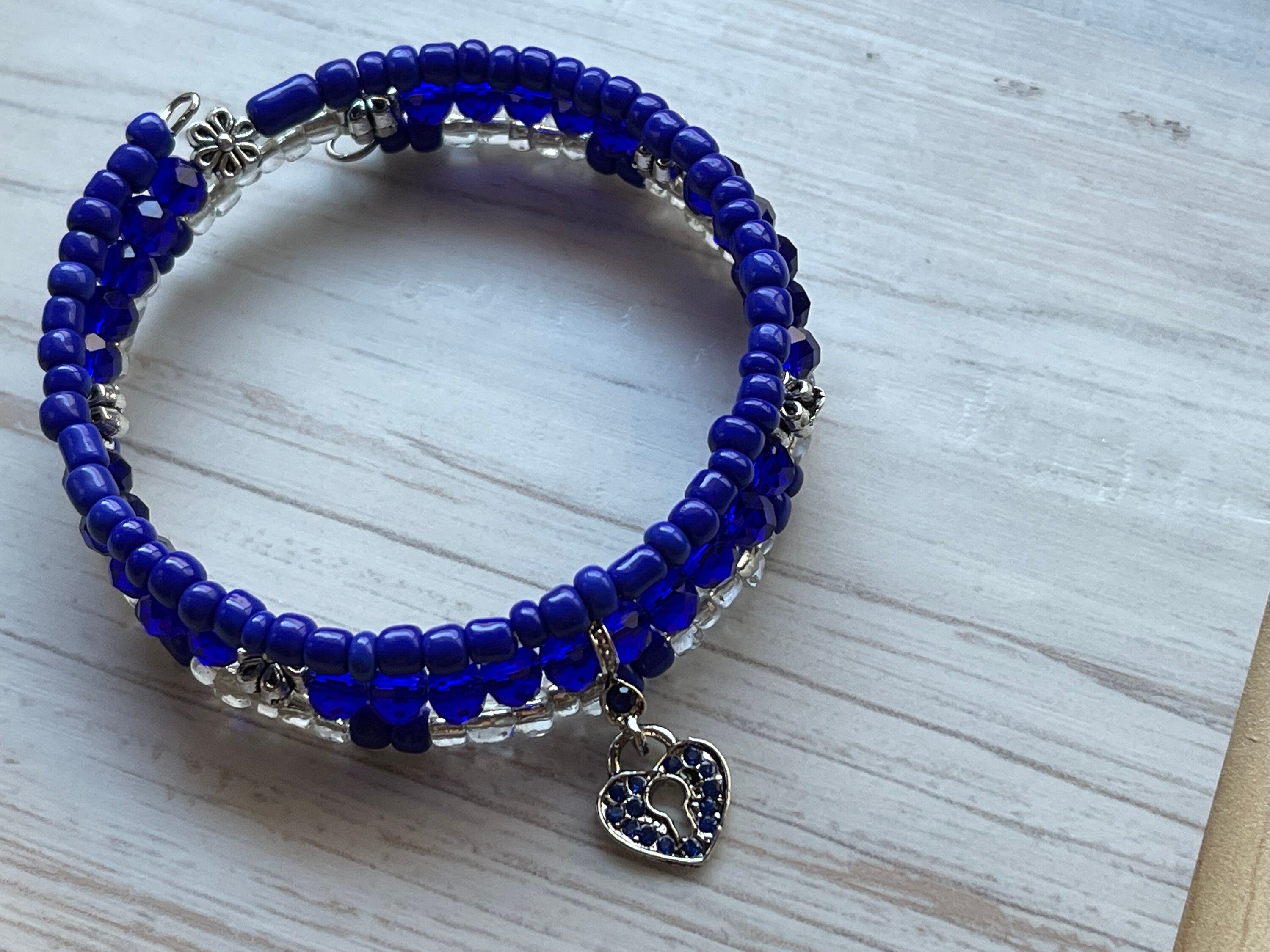 Royal Blue Heart Locket, Heart Locket Wrap Bracelet, Memory Wire Bracelet, Blue Beaded Bracelet, Valentine’s Day Gift