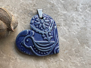 Large Blue Bird Heart Pendant, Porcelain Ceramic Pendant, Artisan Pendant, Jewelry Making Components