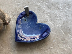 Large Blue Bird Heart Pendant, Porcelain Ceramic Pendant, Artisan Pendant, Jewelry Making Components