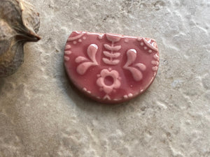 Metalsmithing Cabochon, Pink Heart Pattern Pendant Bead, Porcelain Cab, Ceramic Charms, Jewelry Making Components, Half Circle Pendant
