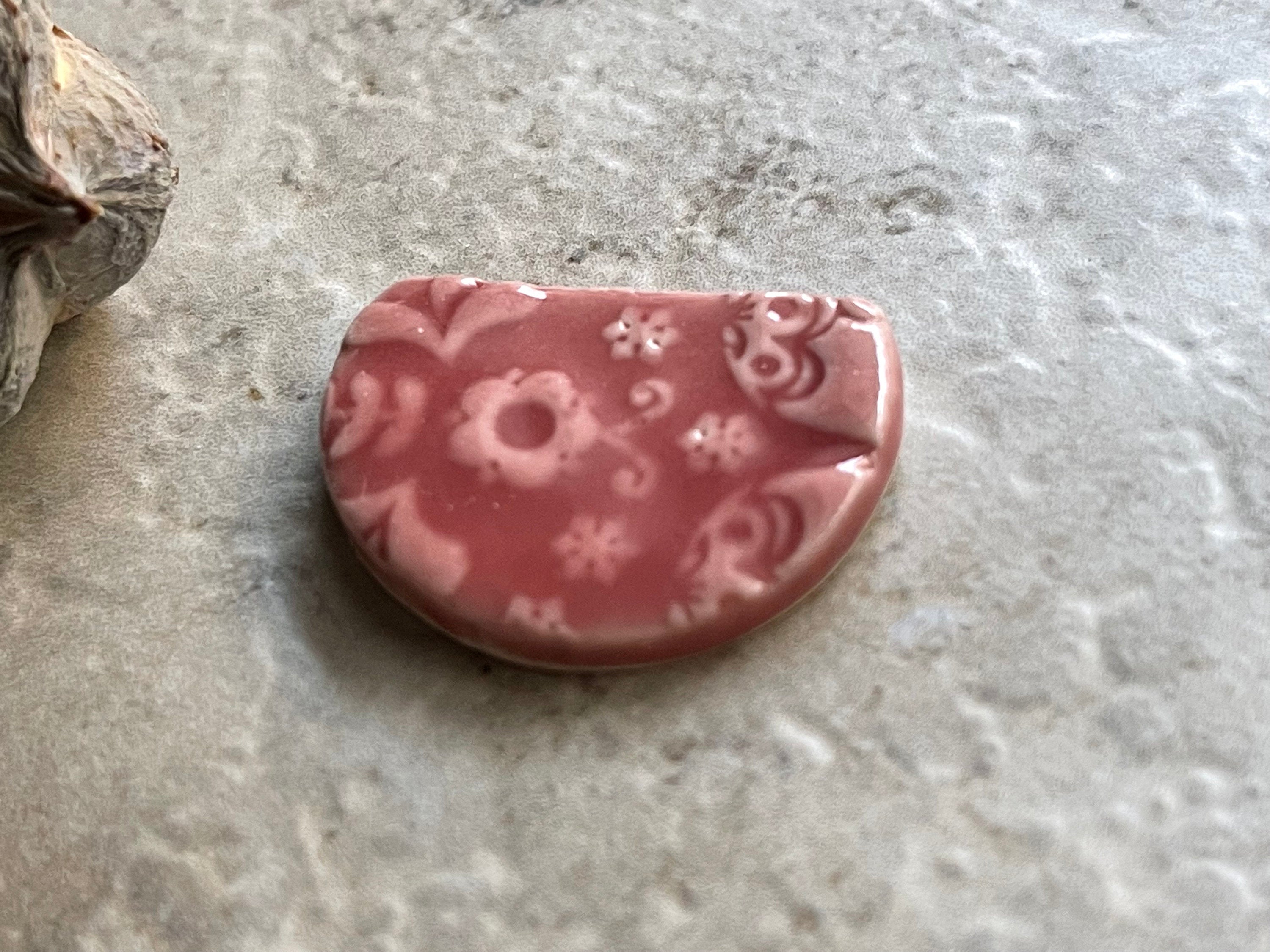 Metalsmithing Cabochon, Pink Heart Pattern Pendant Bead, Porcelain Cab, Ceramic Charms, Jewelry Making Components, Half Circle Pendant