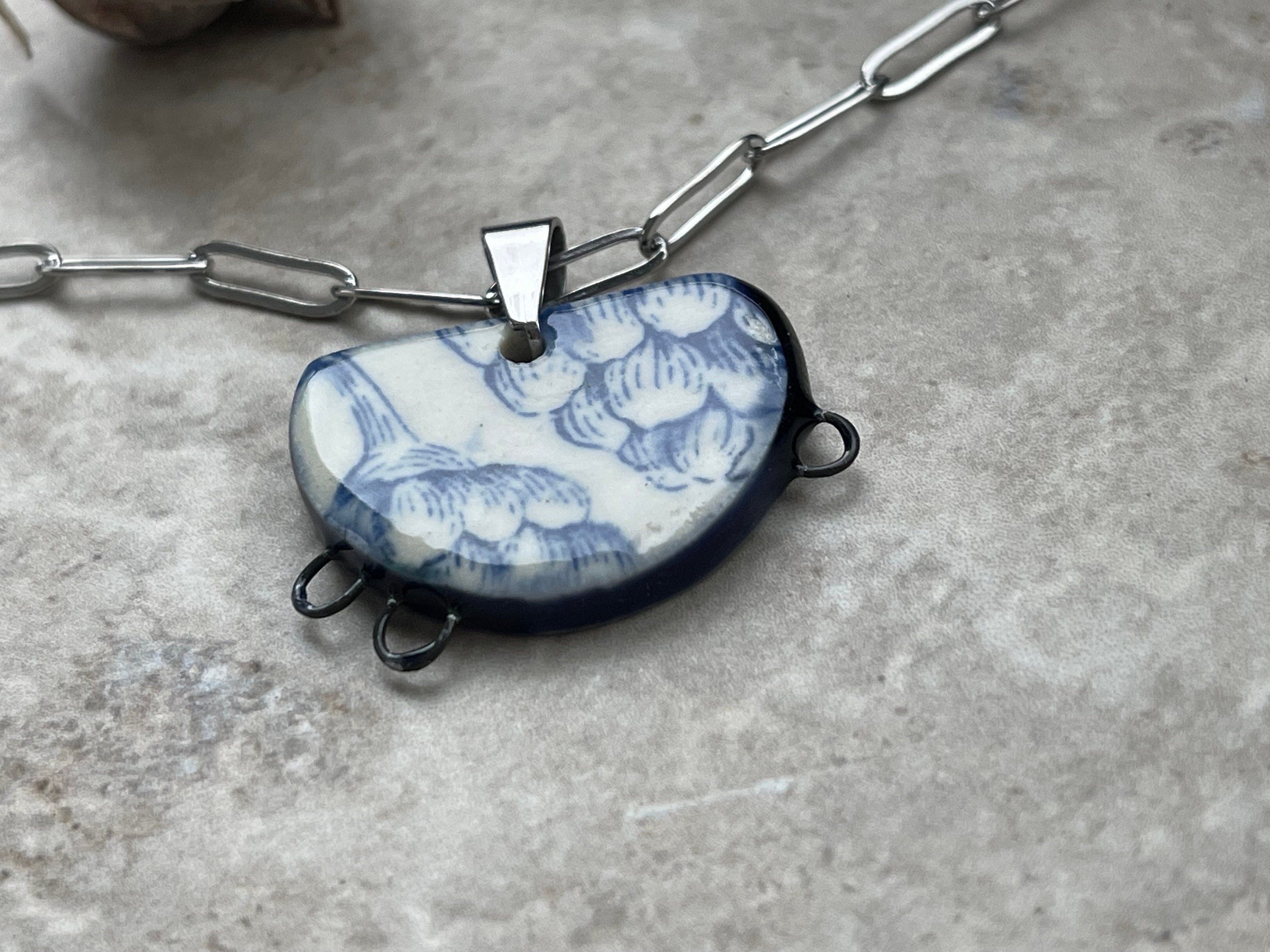 Leaf or Pinecone Pendant Bead, Charm Holder, Jewelry Making Components, Gift for Her, Delft Necklace, Paperclip Chain