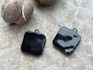 Flower Beads, Black and White Square, Black Earring Bead Pair, Unique Beads, Porcelain Ceramic Charms, Jewelry Components, Beading Handmade