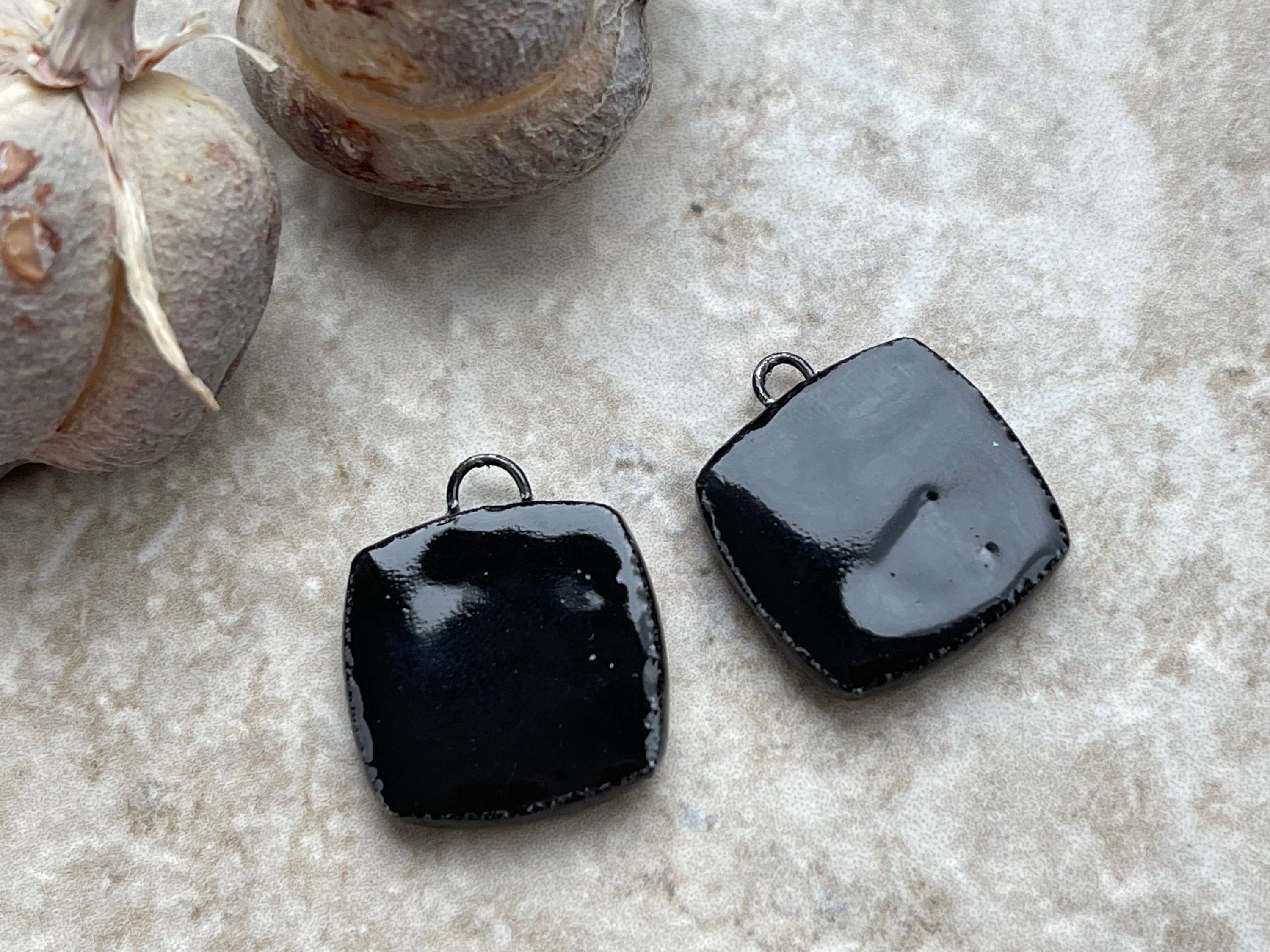 Scandanavian Bird and Tulip Beads, Black and White Square, Square Earring Bead Pair, Unique Beads, Porcelain Charms, Jewelry Components