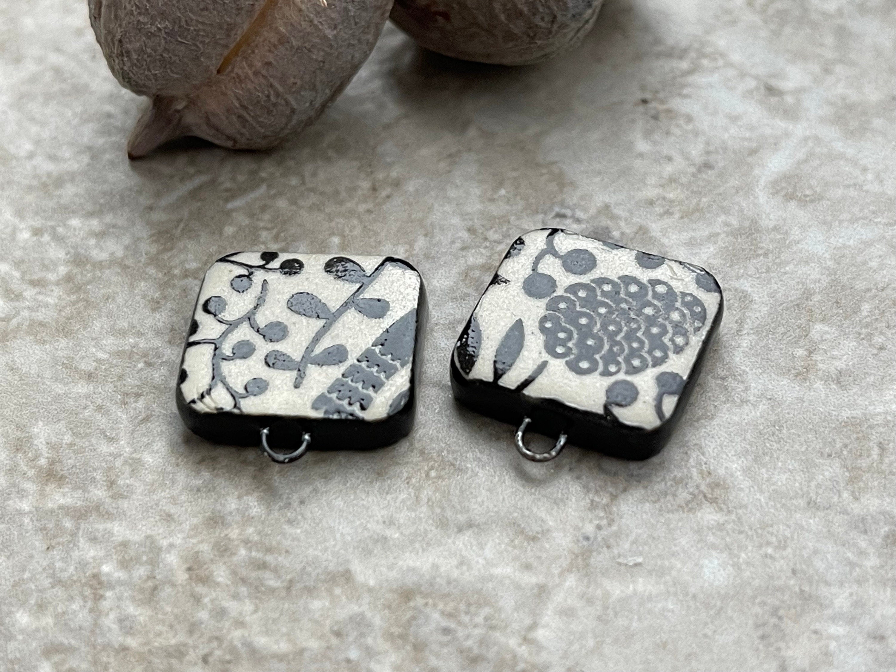 Pinecone Beads, Black and White Square, Black Earring Bead Pair, Unique Bead, Porcelain Ceramic Charms, Jewelry Components, Beading Handmade