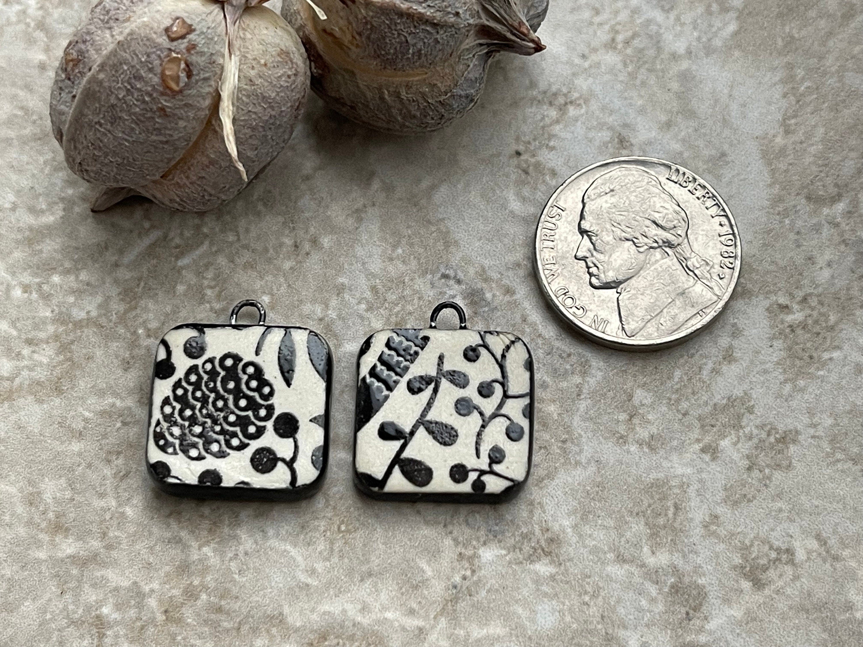 Pinecone Beads, Black and White Square, Black Earring Bead Pair, Unique Bead, Porcelain Ceramic Charms, Jewelry Components, Beading Handmade