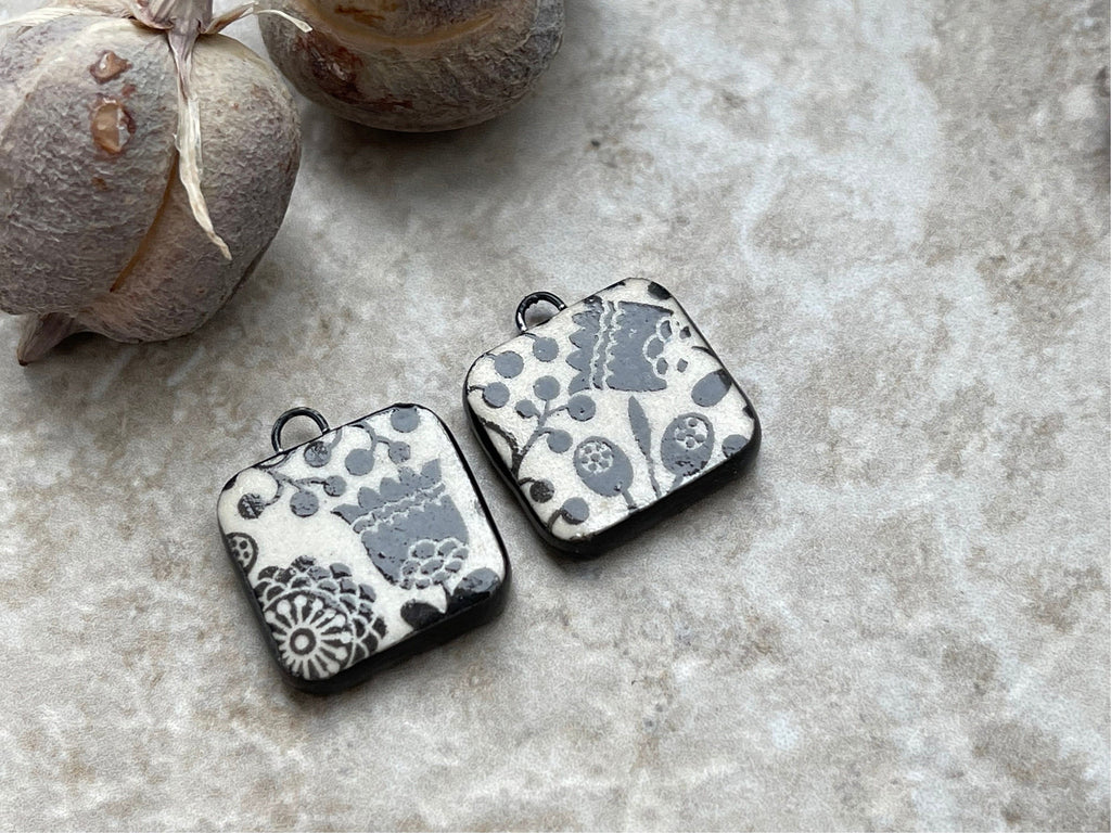 Tulip Beads, Black and White Square, Black Earring Bead Pair, Unique Beads, Porcelain Ceramic Charms, Jewelry Components, Beading Handmade