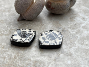 Scandanavian Bird and Tulip Beads, Black and White Square, Square Earring Bead Pair, Unique Beads, Porcelain Charms, Jewelry Components