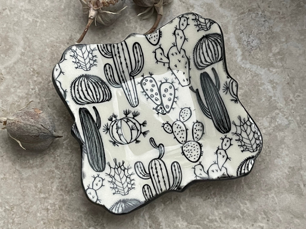 Cactus Ring Dish, Womens Jewelry Storage, Black and White Ring Dish, Contemporary Trinket Tray, Porcelain Tray, Cacti Dish, Cactus Lover