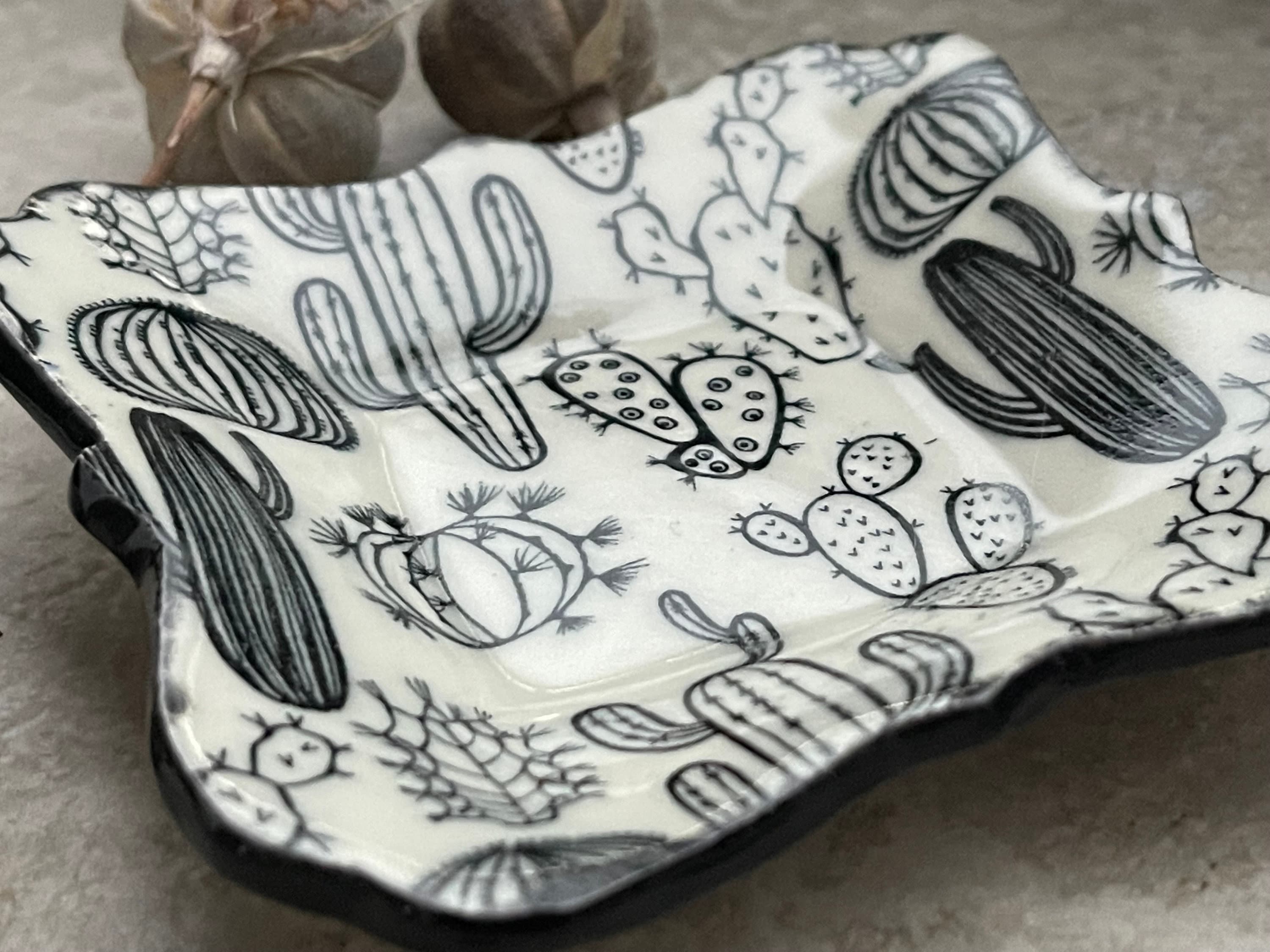 Cactus Ring Dish, Womens Jewelry Storage, Black and White Ring Dish, Contemporary Trinket Tray, Porcelain Tray, Cacti Dish, Cactus Lover