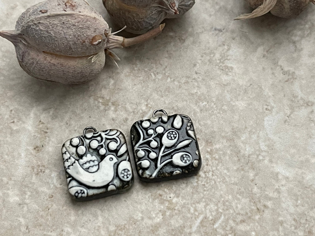 Black and White Charms, Scandinavian Bird and Flowers, Black Earring Bead Pair, Porcelain Ceramic Charms, Jewelry Components, Handmade