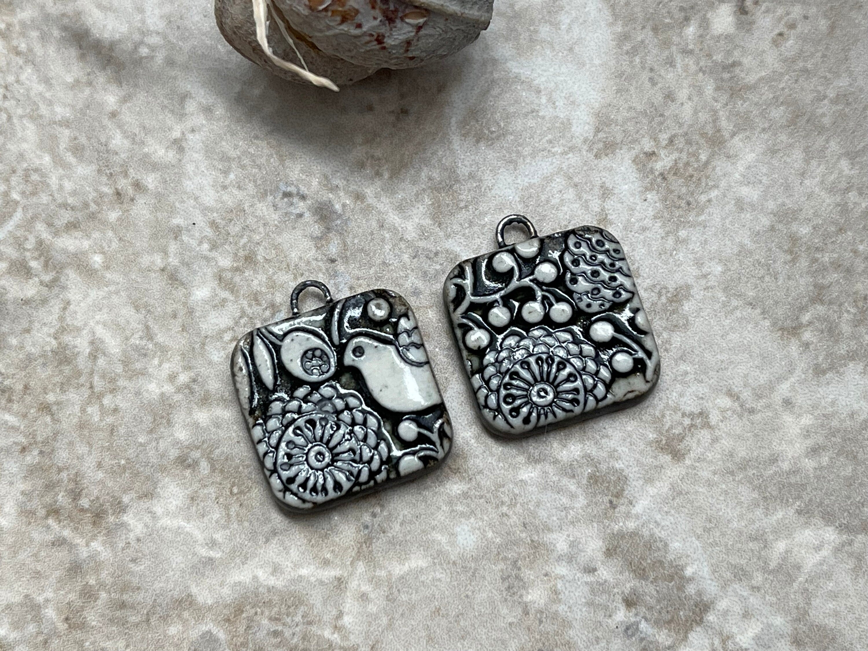 Black and White Charms, Scandinavian Bird and Rosette, Black Earring Bead Pair, Porcelain Ceramic Charms, Jewelry Components, Handmade