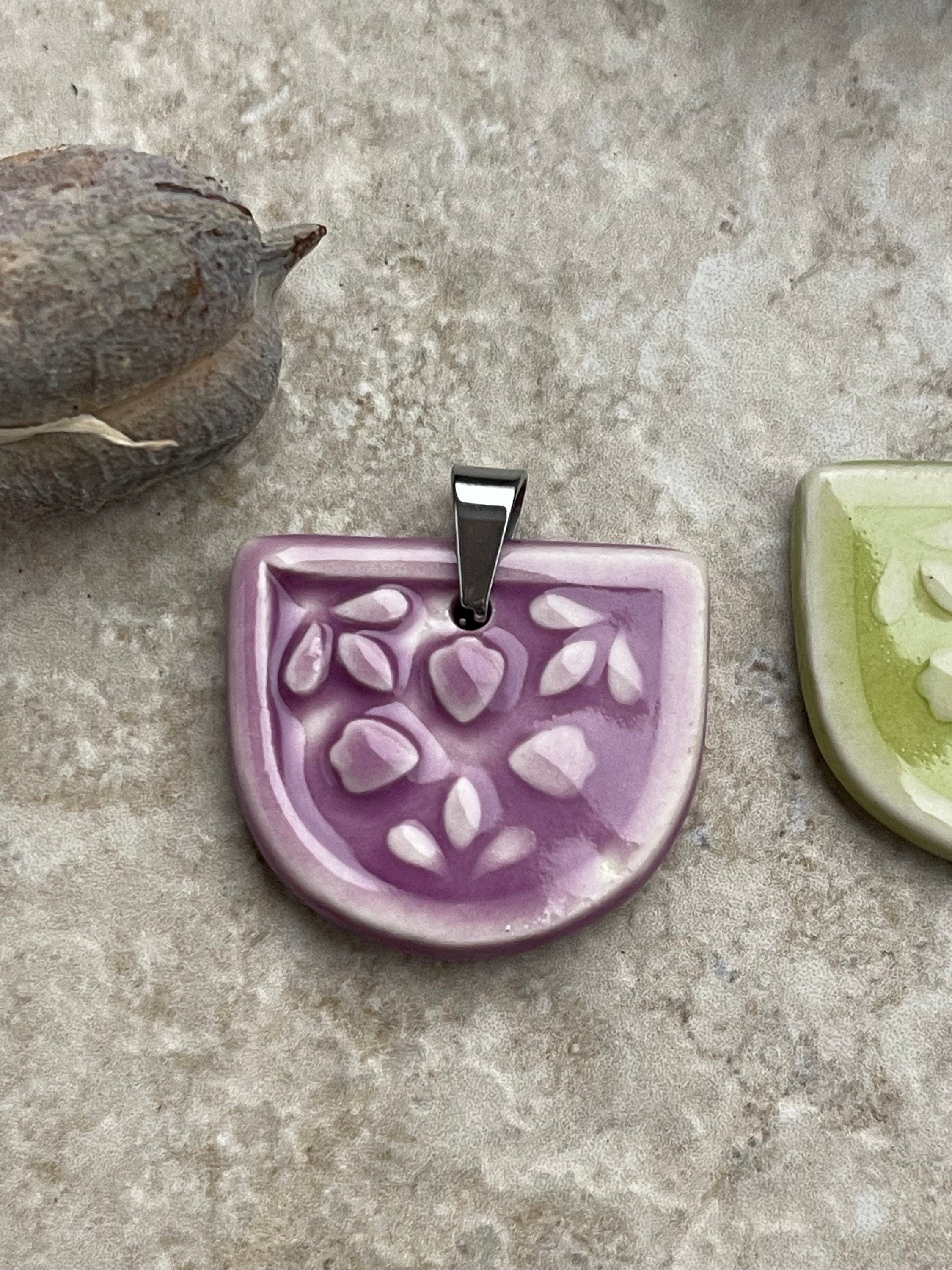 Heart Half Circle Pendant, Purple Heart Pendant, Porcelain Ceramic Pendant, Violet Pendant, Jewelry Making Components