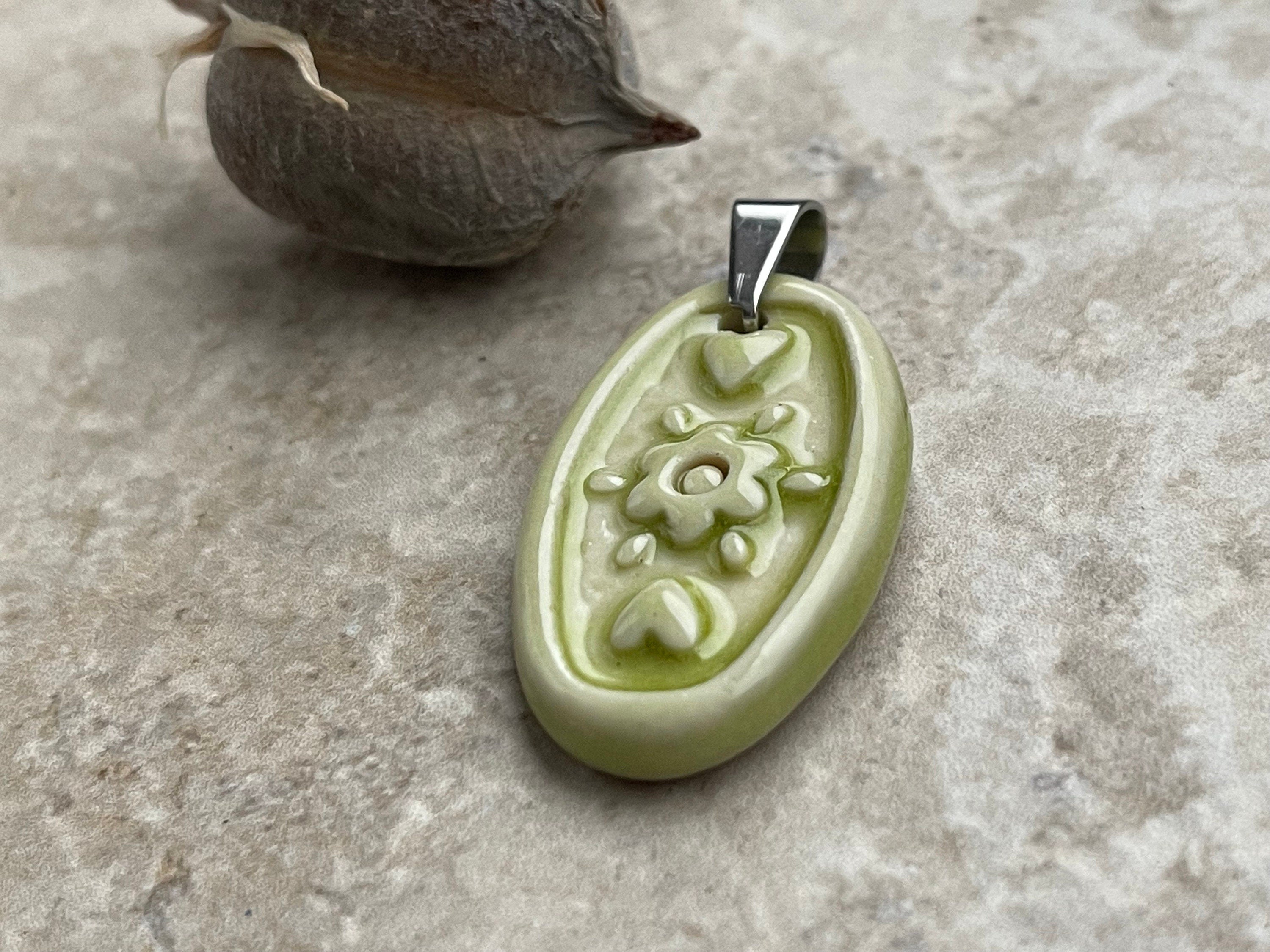 chartreuse Oval Heart Pendant, Dainty Layering Necklace, Paperclip chain, Green Pendant, Porcelain Ceramic Pendant, Jewelry Making Component